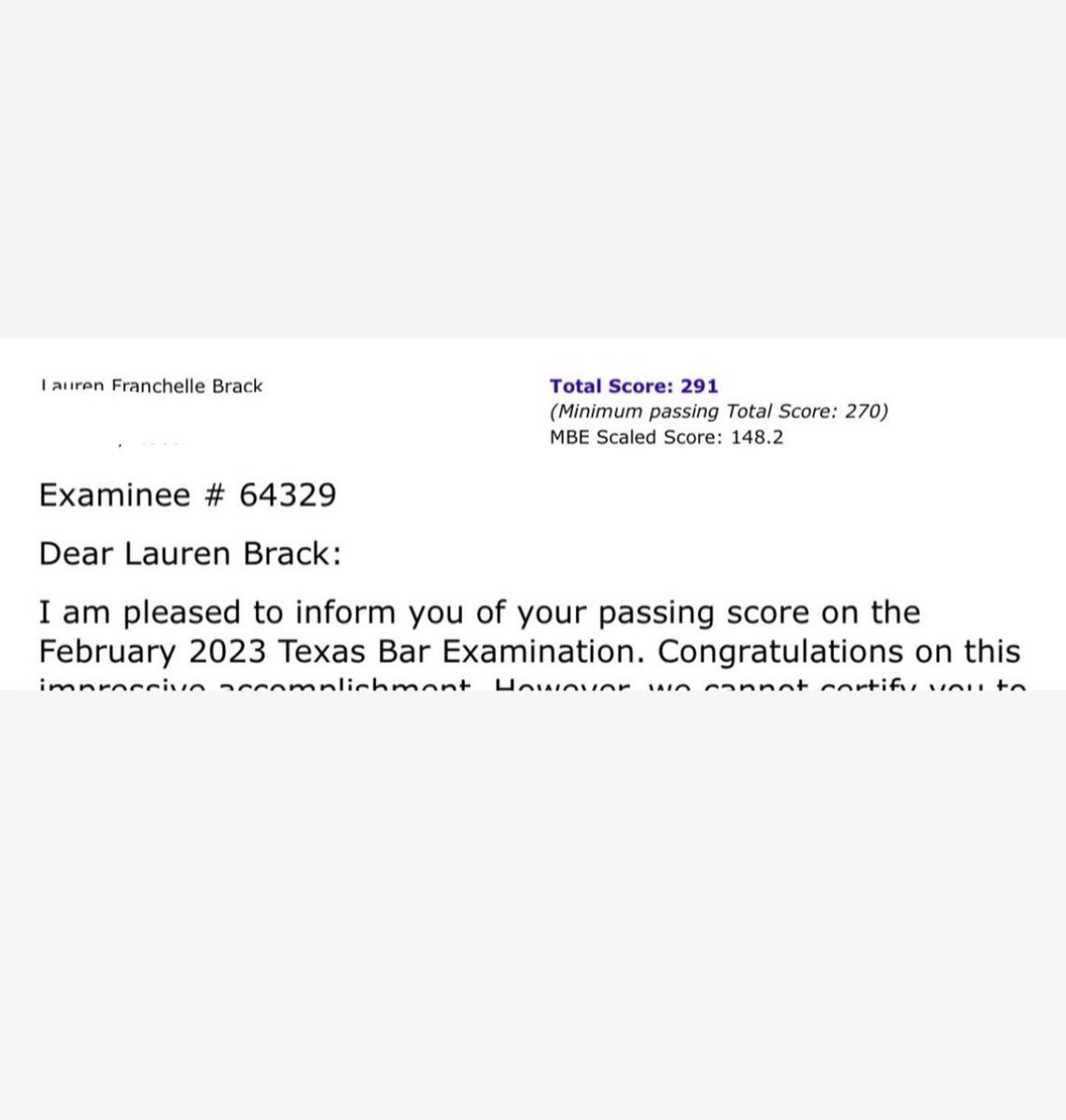 _franchelleee's tweet photo. Passed the Texas Bar Exam with a score high enough to practice in every UBE jurisdiction 🥳  THANK YOU GOD https://t.co/hhfy2QeyLV