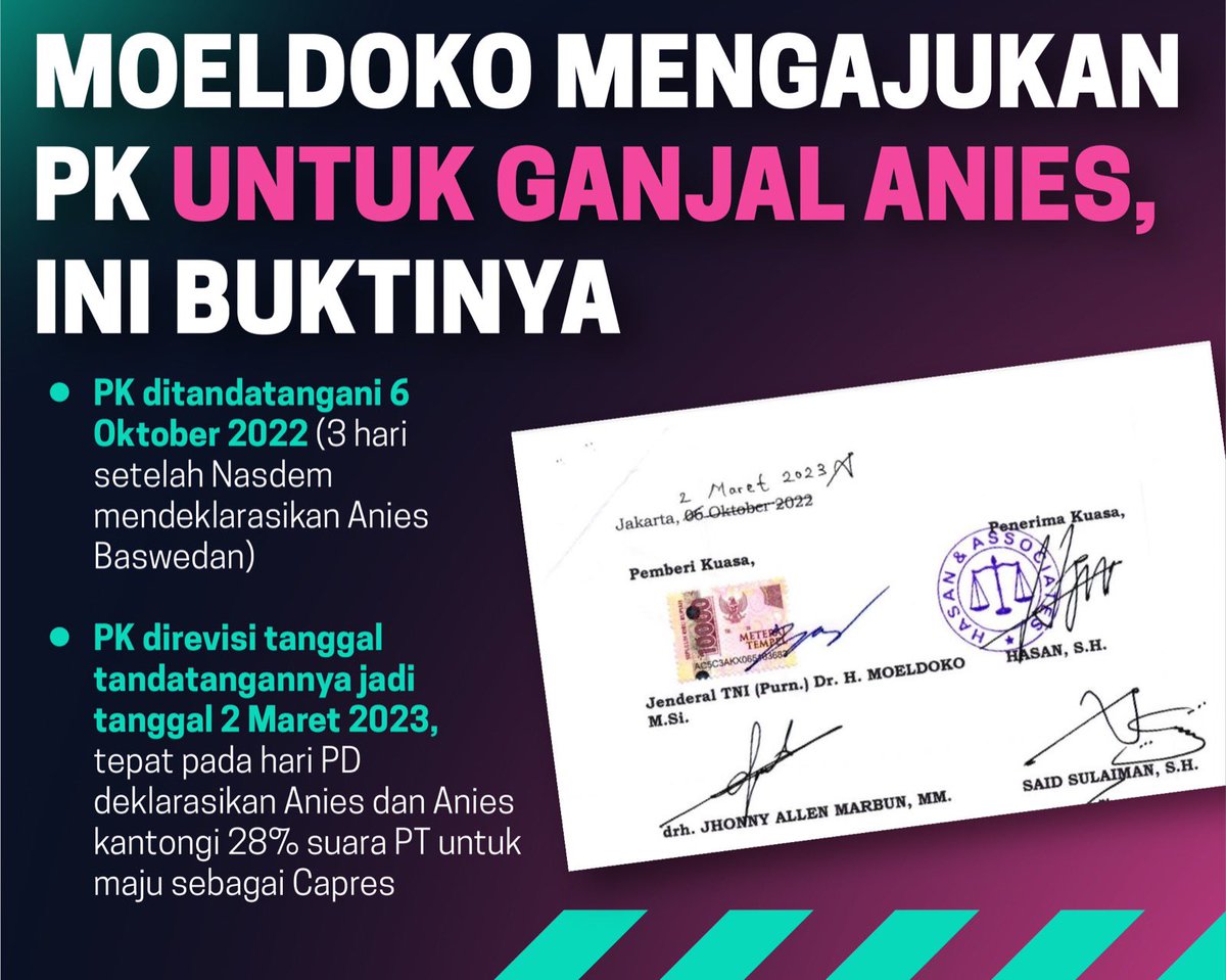 Abaaah's tweet photo. KSP Moeldoko ajukan PK untuk rebut Demokrat. Tujuannya adalah agar Anies gagal nyapres. 

Karena Demokrat adalah salah satu motor koalisi perubahan yang usung Anies buat nyapres di 2024. https://t.co/Up12XQNnVo