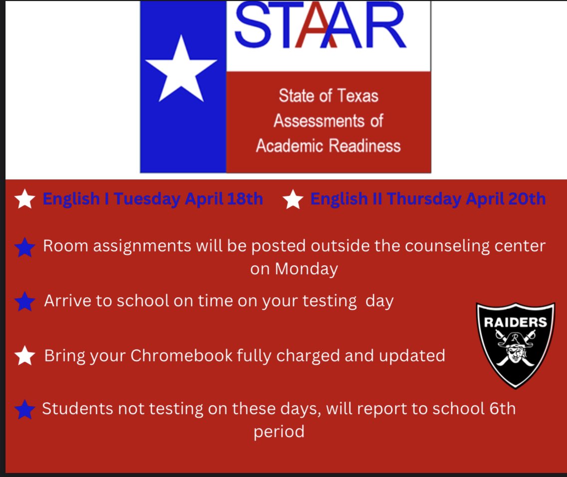 RandallRaiderHS's tweet photo. Spring STAAR testing starts next week! https://t.co/3IP5tbnDA8