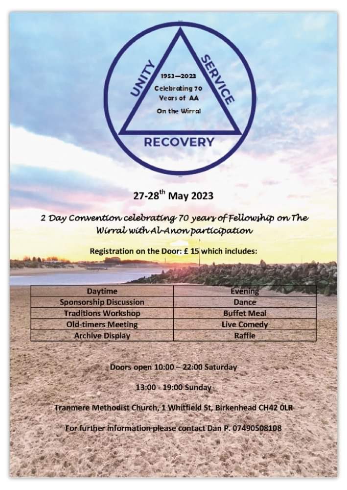 eastlancsaa's tweet photo. 70 years of #AA on the #Wirral convention taking place in May.

Please find the flyer below with further information.

Please retweet, especially if you live in North West England or North Wales to #carrythemessage about this event.

#Recovery #ODAAT #RecoveryPosse #WeDoRecover https://t.co/xgfXUaMDyL