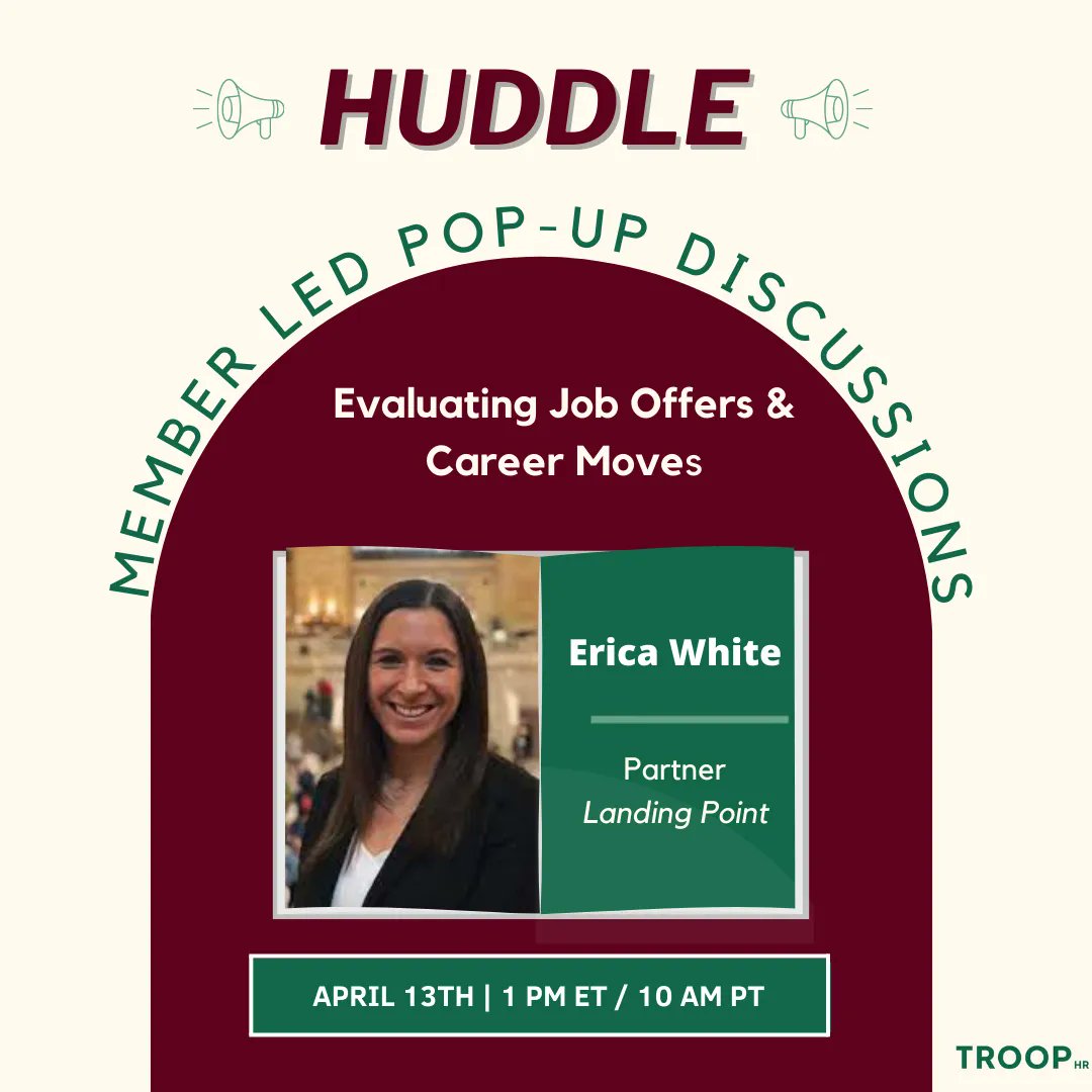 JoinTroopHR's tweet photo. Looking forward to today's career evaluation Huddle hosted by Erica White! If you are thinking about taking the next step in your career or have been affected by layoffs and looking for help on how to go about your search- join us!

Check it out here: https://t.co/PnTT8hrf6H https://t.co/MXpwqlKFun