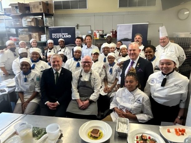 President @marcmjerome proudly welcomed Scotland Cabinet Secretary Angus Robertson MSP, @CofGCollege‘s Dr. Paul Little and colleagues from the British Embassy for an amazing cooking demo today by @Gmacchef & @SeafoodScotland with our Culinary Institute of NY students. #Delicious!