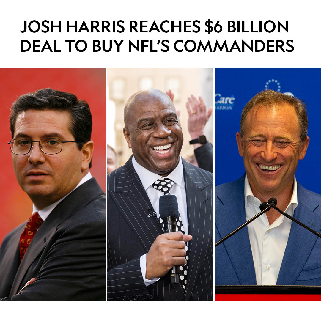 EXCLUSIVE: Dan Snyder has reached an agreement in principle to sell the <a href="/Commanders/">Washington Commanders</a> for $6 billion to a group led by Philadelphia 76ers co-owner Josh Harris

Harris’ group, includes billionaire Mitchell Rales and former NBA star <a href="/MagicJohnson/">Earvin Magic Johnson</a>