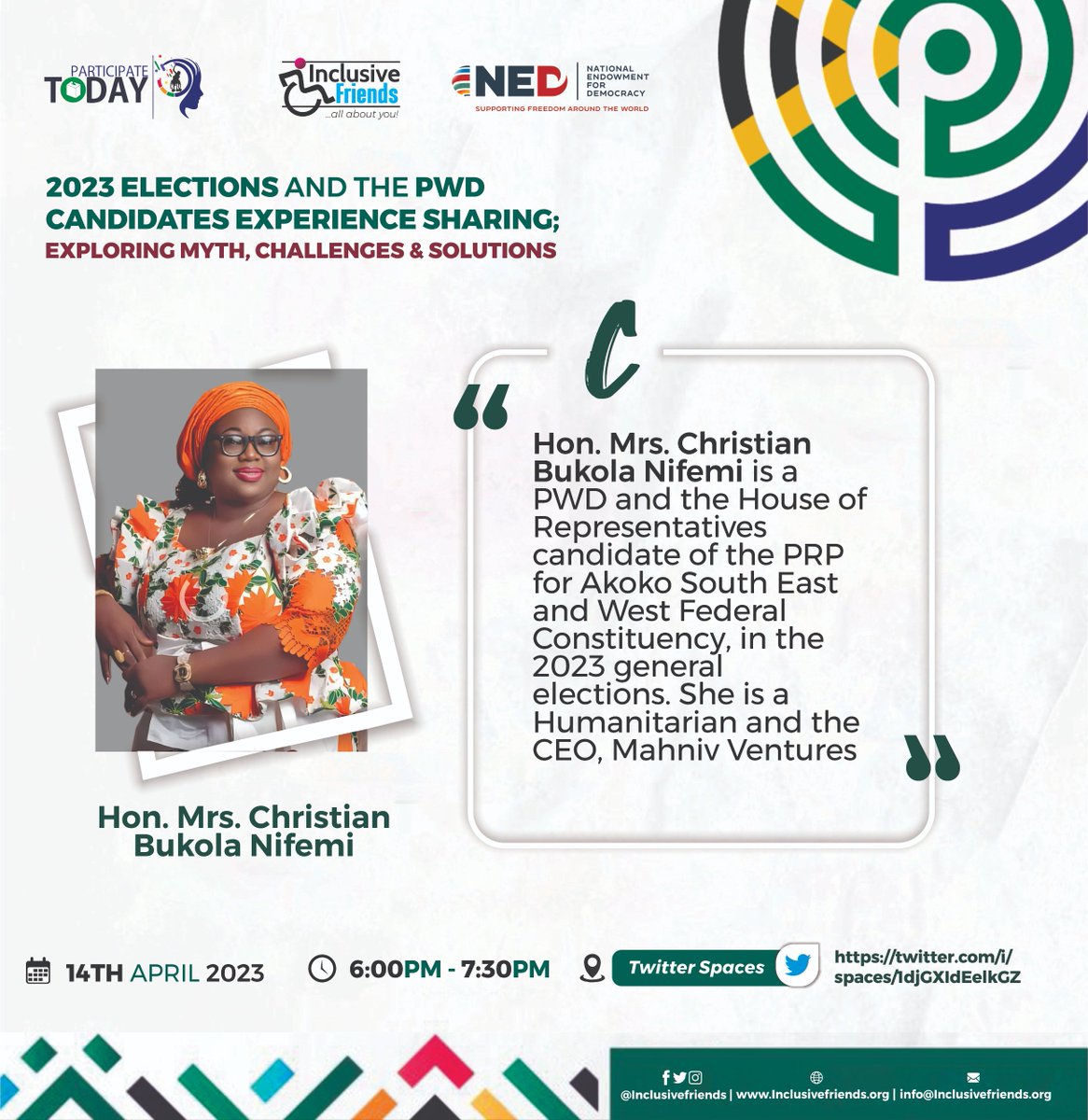 inclusivefrnds's tweet photo. Don't miss the engrossing discussion tomorrow, by 6:00 p.m. Hon. Christian Bukola Nifemi will share her experience.
Follow the link to schedule reminders to participate: https://t.co/qMUXDLIGOK
#participatetoday
@NEDemocracy
@JonapwdNational
U-turn | MKO Abiola | Apology https://t.co/DNSdnLt7Zv