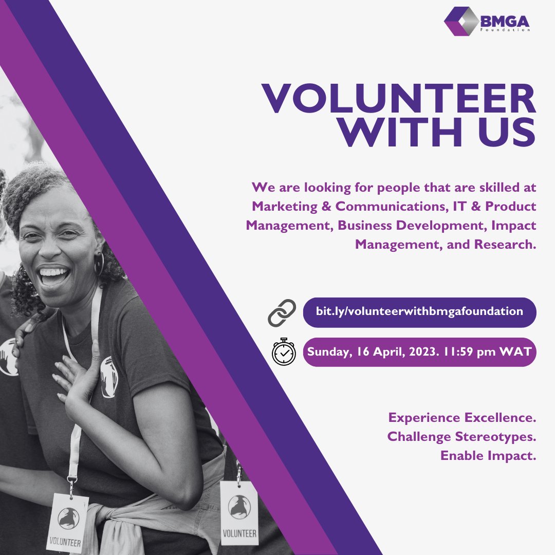bmgafoundation's tweet photo. Do you desire to use your skills to make global impact?

Then, volunteer with the BMGA Foundation today!

The Deadline is 𝟭𝟭:𝟱𝟵 𝗽𝗺 𝗪𝗔𝗧 𝗼𝗻 𝗦𝘂𝗻𝗱𝗮𝘆, 𝟭𝟲 𝗔𝗽𝗿𝗶𝗹 𝟮𝟬𝟮𝟯.

Sign up using the link below:
https://t.co/H5CDXfYjlu https://t.co/ORpyHN6I6M