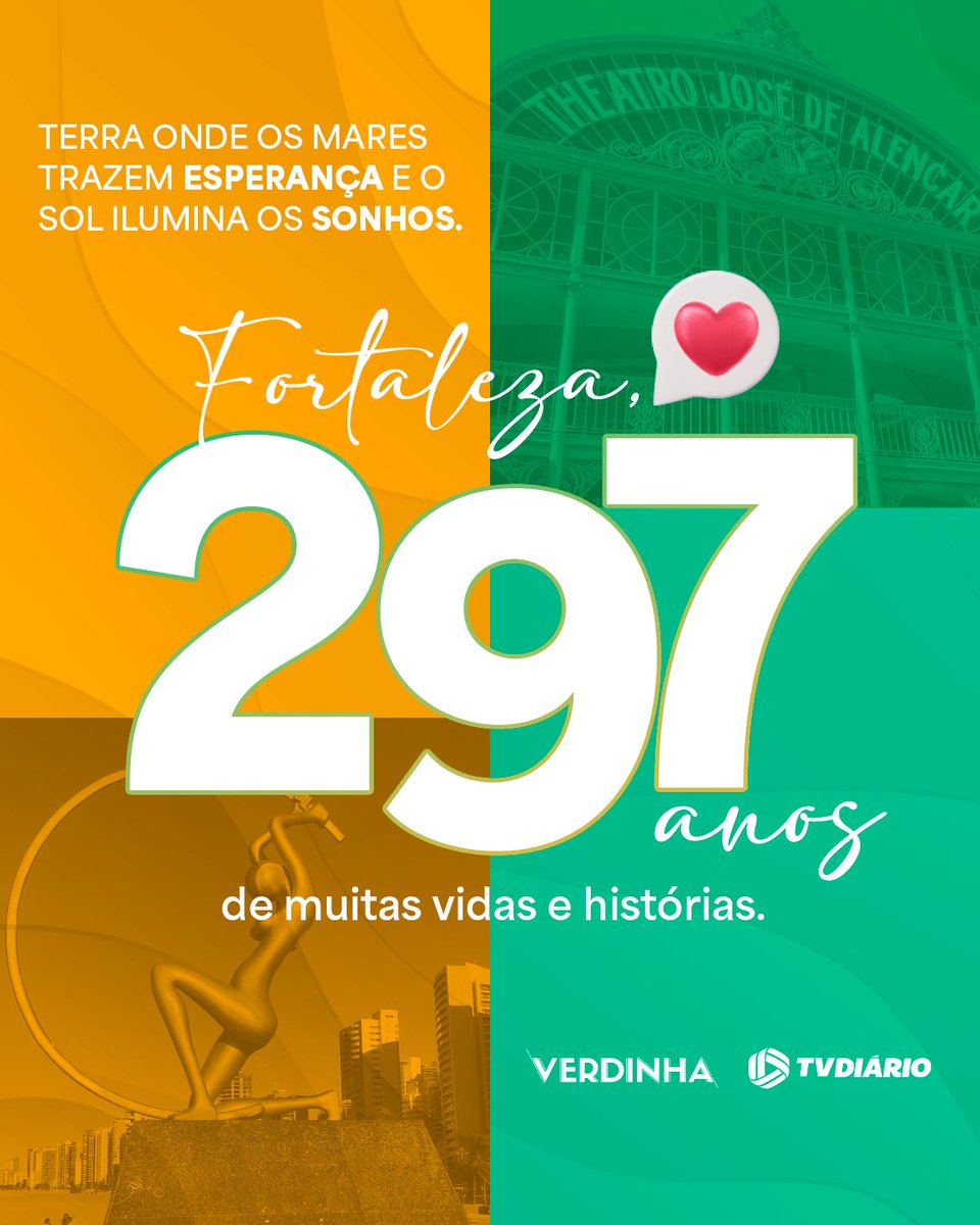 tvdiario's tweet photo. Hoje (13), temos um motivo a mais para sorrir! A nossa cidade tá completando 297 anos 🎈🎂

Parabéns, Fortaleza, terra da luz e de um povo de força, que tem sempre um sorriso largo estampado na cara 🫶🏽

#radioverdinha #tvdiario #parabénsfortaleza #fortaleza297anos https://t.co/YTRoWwp1vk