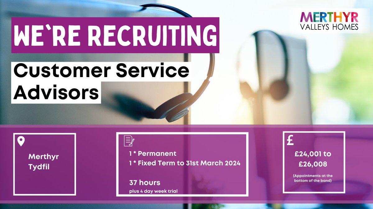 MerthyrVH's tweet photo. We're Recruiting!
We have 2 vacancies within our contact centre.
1 * Permanent
1 * Fixed Term
Is providing a first class Customer Service Experience a passion for you? If so, we would love you to come &amp; join our amazing mutual!
Full detail &amp; to apply --> https://t.co/bptA44Ecq1 https://t.co/S9jIo6aPu6