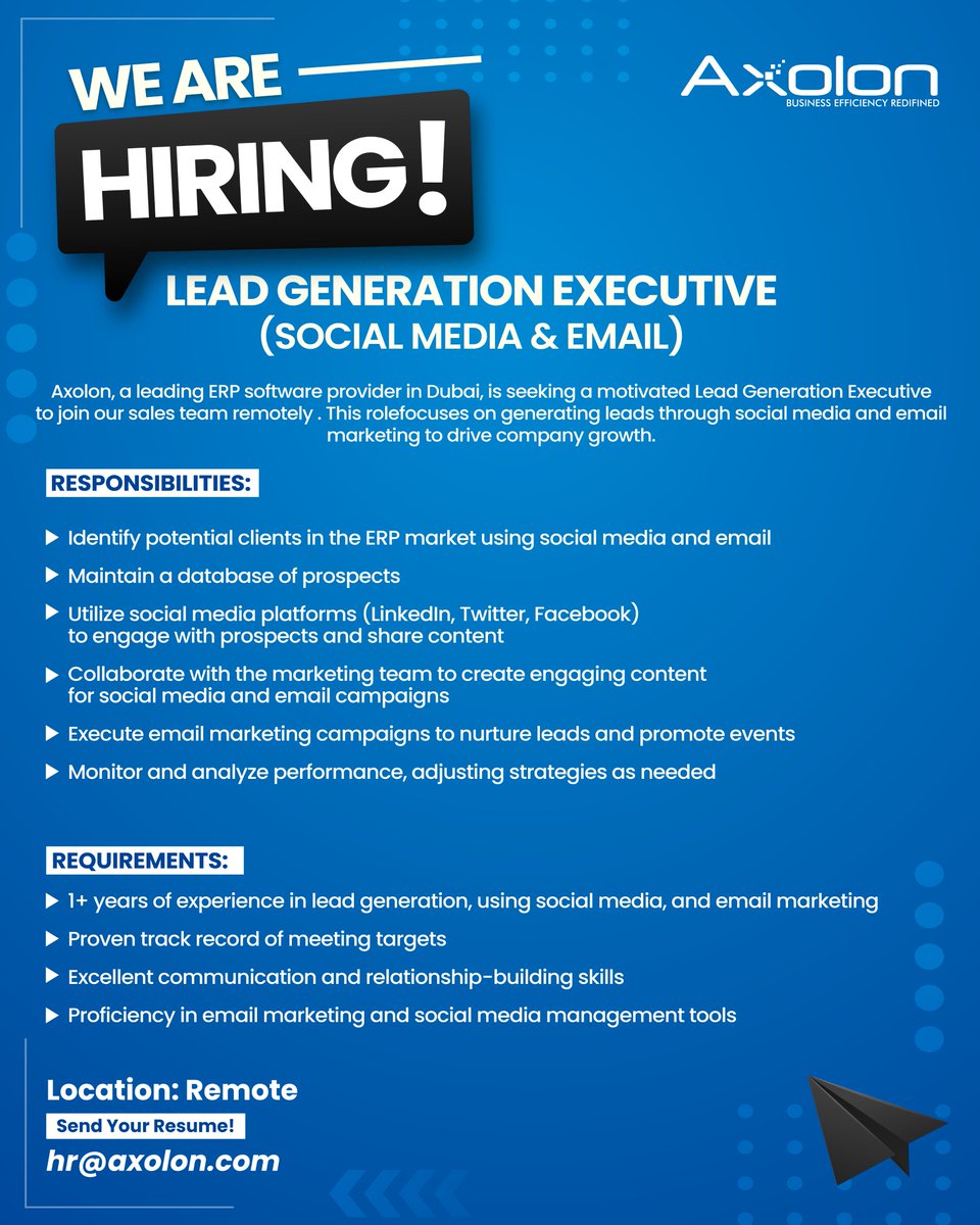 AxolonERP's tweet photo. We are Hiring!!!

Lead Generation Executive (Social Media &amp; Email) #leadgenerationexecutive #leadgeneration #socialmedia

#emailmarketing #hiring #marketing #team #experience #sales #growth #management #software #leadgeneration #leadgenerationexpert #leadgenerationexecutive https://t.co/cd1TXvT8V4