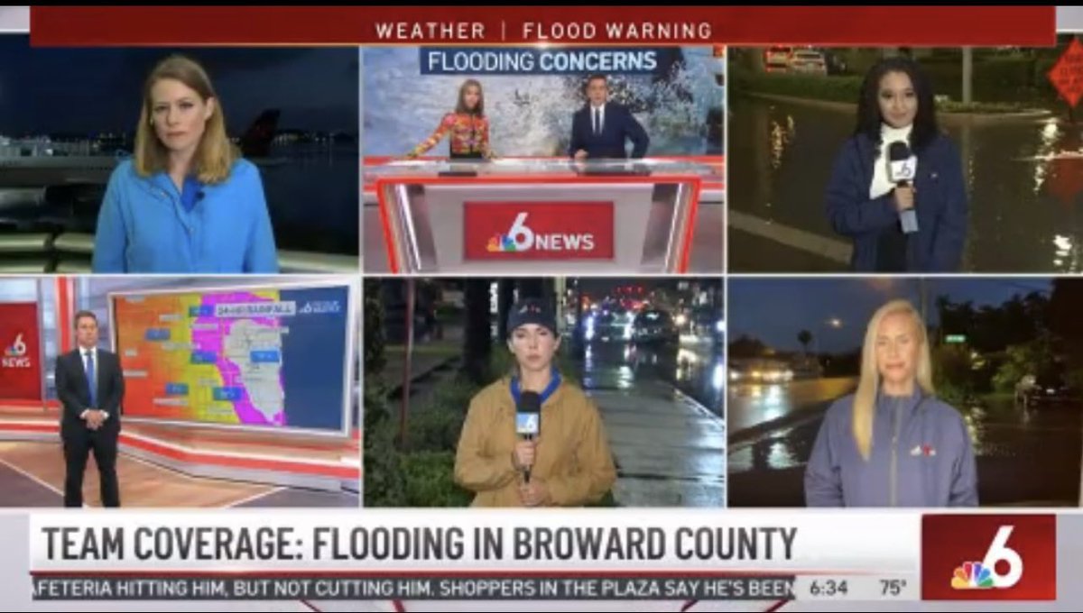 KrisAndersonTV's tweet photo. Proud to be a part of this amazing morning news team! Working hard in tough conditions to bring us the latest on the severe flooding across Broward County. We are live on #NBC6 and streaming on https://t.co/69bF28EA3p with extended continuing coverage. #Teamwork #6box https://t.co/4BYDxGUktr