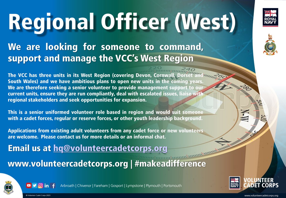 Volunteer Cadet Corps (@vcccadets) on Twitter photo The <a href="/VCCcadets/">Volunteer Cadet Corps</a> is now looking for a new Regional Officer (West) to provide management support to our current units, ensure they are run compliantly, deal with escalated issues, liaise with regional stakeholders and seek opportunities for expansion.
➡️ volunteercadetcorps.org/volunteer-vaca… The <a href="/VCCcadets/">Volunteer Cadet Corps</a> is now looking for a new Regional Officer (West) to provide management support to our current units, ensure they are run compliantly, deal with escalated issues, liaise with regional stakeholders and seek opportunities for expansion.
➡️ volunteercadetcorps.org/volunteer-vaca…