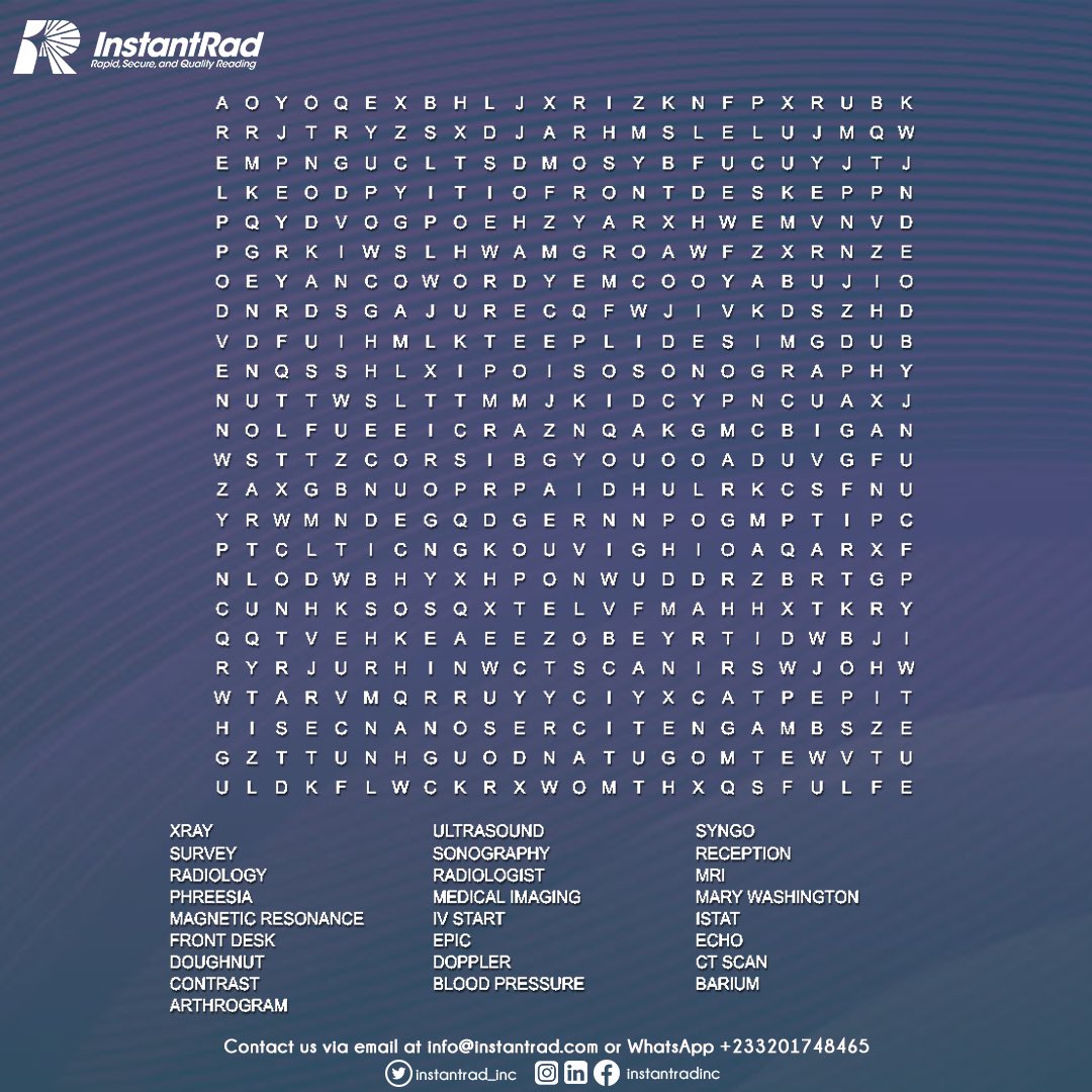 instantrad_inc's tweet photo. Let’s play a game. Comment all the words you find in this crossword puzzle. Let’s go!
#Game
#Relax
#Radiology
#InstantRad https://t.co/v30INE7RrQ