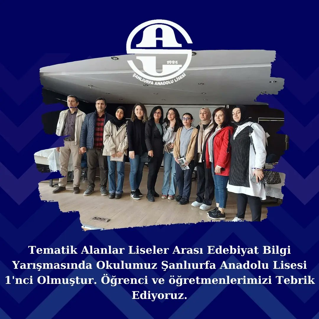 Tematik Alanlar Liseler Arası Edebiyat Bilgi Yarışmasında Okulumuz Şanlıurfa Anadolu Lisesi 1'nci Olmuştur. Öğrenci ve öğretmenlerimizi Tebrik Ediyoruz.
<a href="/valisalihayhan/">Salih AYHAN</a> 
<a href="/tcmeb/">Millî Eğitim Bakanlığı</a> 
<a href="/HaliliyeMem/">Haliliye İlçe Milli Eğitim Müdürlüğü</a>