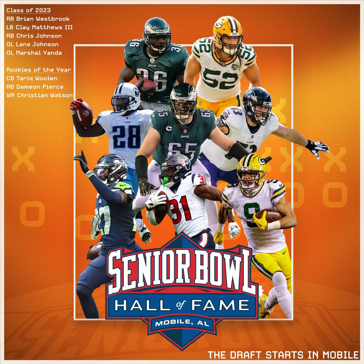 JimNagyOU's tweet photo. BREAKING: Excited to announce 2023 @seniorbowl Hall of Fame induction class: 

* Eagles RB Brian Westbrook
* Packers OLB Clay Matthews
* Titans RB Chris Johnson
* Eagles OL Lane Johnson
* Ravens OL Marshal Yanda

#TheDraftStartsInMOBILE™️ https://t.co/sQDEmdaIKm