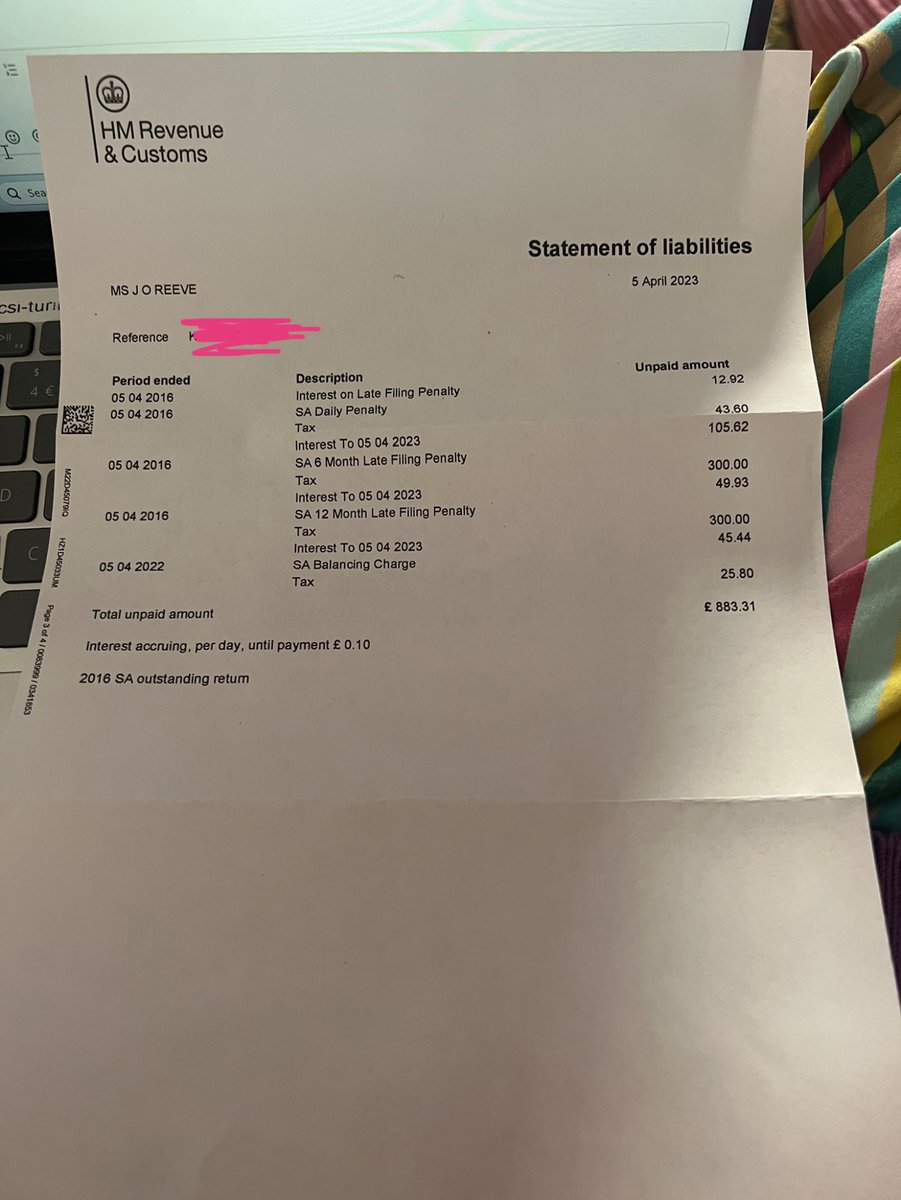 jasmine_reeve's tweet photo. Just received this from HMRC - in 2016 I was 20 and earned minimum wage in a pub. Apparently I should have filed a tax return, and was fined £12 for doing so. This is honestly the first I’ve heard of this 7 years later and the amount i apparently owe is now over £800? Get fucked. https://t.co/0gxhVB4ZGb