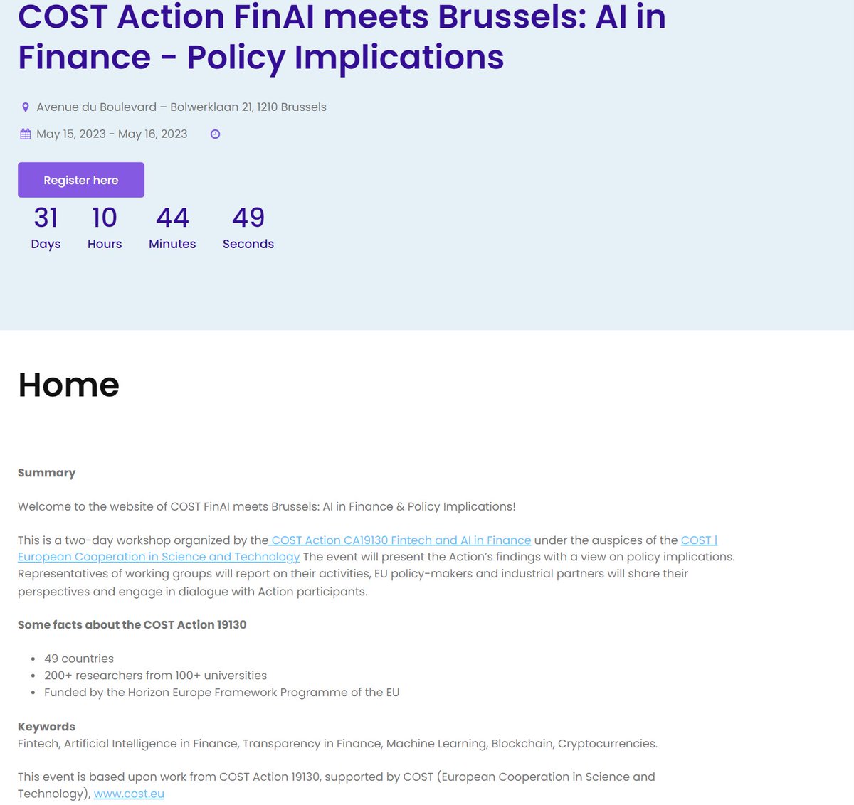 #SaveTheDate for two-day workshop “COST Action FinAI meets Brussels - AI in Finance-Policy Implications”, to be held in Brussels (Belgium) on May 15th-16th, 2023.

🔗Registration
conference.fin-ai.eu/meets_brussels/
#AI #COSTAction #FinTech #Finance