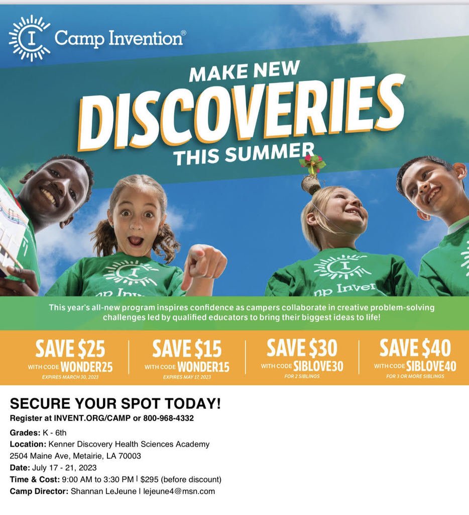 Check your email for an amazing summer camp opportunity for Discovery students entering grades K-6th!