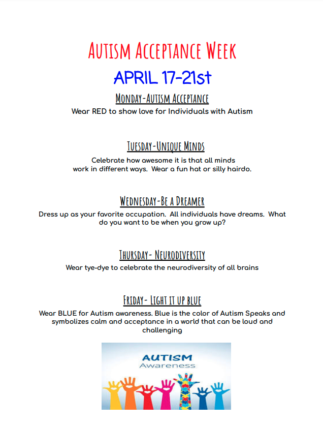 FortsPond's tweet photo. FPES Family! Let's celebrate Autism Acceptance Week!
April 17-21
*See theme days below* https://t.co/iiqr21cQSC