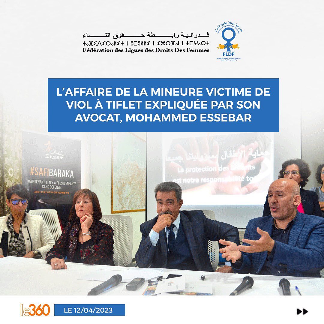 FLDFofficiel's tweet photo. L'affaire de la mineure victime de viol à Tiflet, expliquée par son avocat.
#fldf #droitdesfemmes #maroc #mineur #affairedeviol https://t.co/DnV1mcLxuX