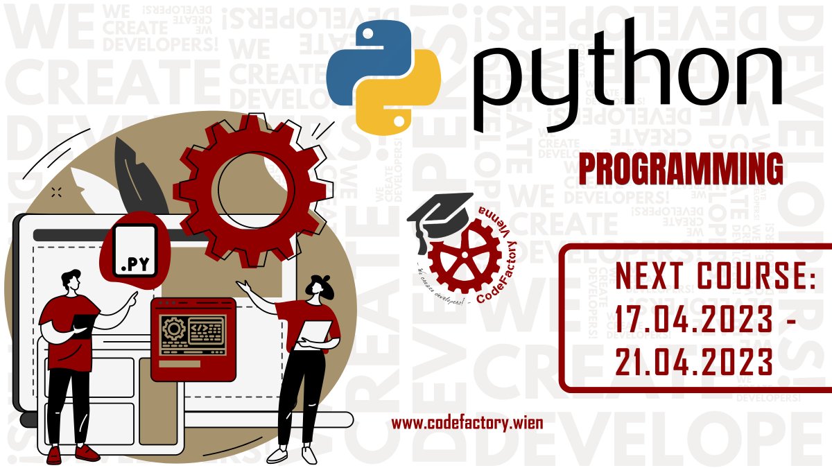 CodeFactoryVIE's tweet image. Don't forget to join us next week in our #Python Programming course! 🐍👩💻🧑💻
➡️ Register now!
Dates: 17th - 21st April 2023 ‼
codefactory.wien/en/python-prog…