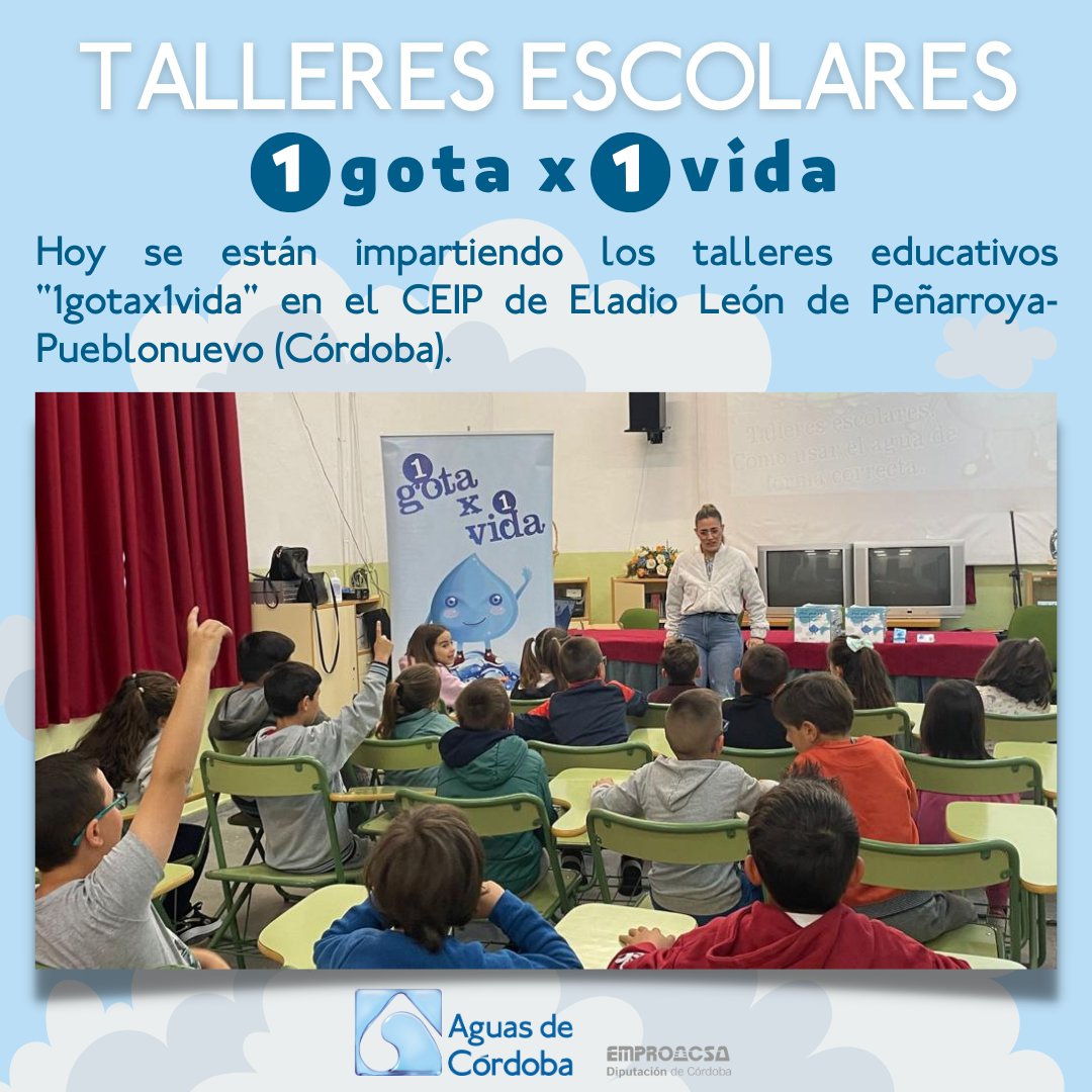 aguasdecordoba's tweet image. Hoy se están impartiendo los talleres educativos #1gotax1vida en el CEIP de Eladio León de #Peñarroya-Pueblonuevo. 
La mascota #Goti de @facua se hace protagonista para llegar a los pequeños, y concienciarles de hacer un #usoresponsable del #agua 💧.
@dipucordoba @aguasdecordoba