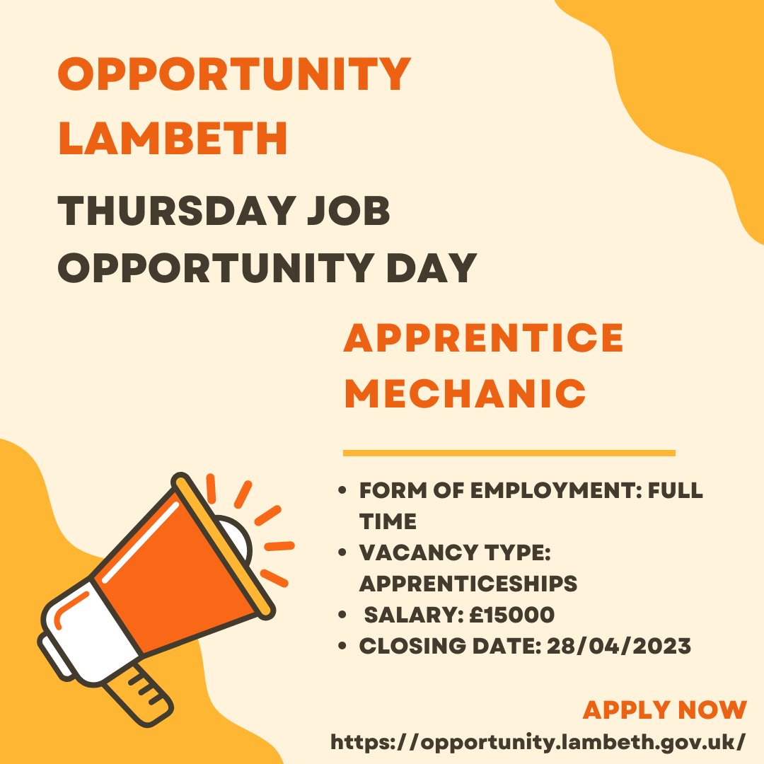 belambeth's tweet photo. Looking for an #apprenticeship? Interested in mechanics? 

Click here to apply &amp; for more information: https://t.co/ptkLkR1tcf

Closing Date: 28/04/2023 

Hurry you don't want to miss it! 

#jobsearching #southlondon #mechanic #lambeth #ApplyNow https://t.co/WkWRxVxEDC