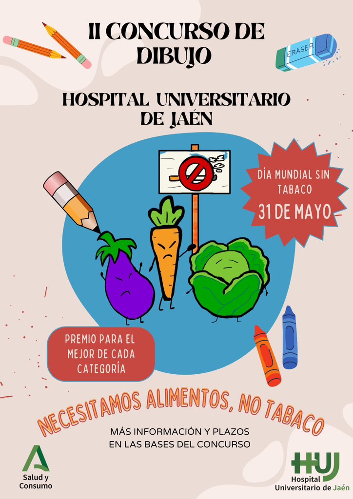 HospitalJaen's tweet photo. ✔️El @HospitalJaen convoca el II Concurso de Dibujo por el #DíaMundialSinTabaco
✔️Con el lema ‘Necesitamos alimentos, no tabaco’ pretende concienciar sobre la importancia de abandonar este hábito.                     ✔️Se podrán enviar trabajos hasta el 22 de mayo @saludand https://t.co/OcNTuANRQI