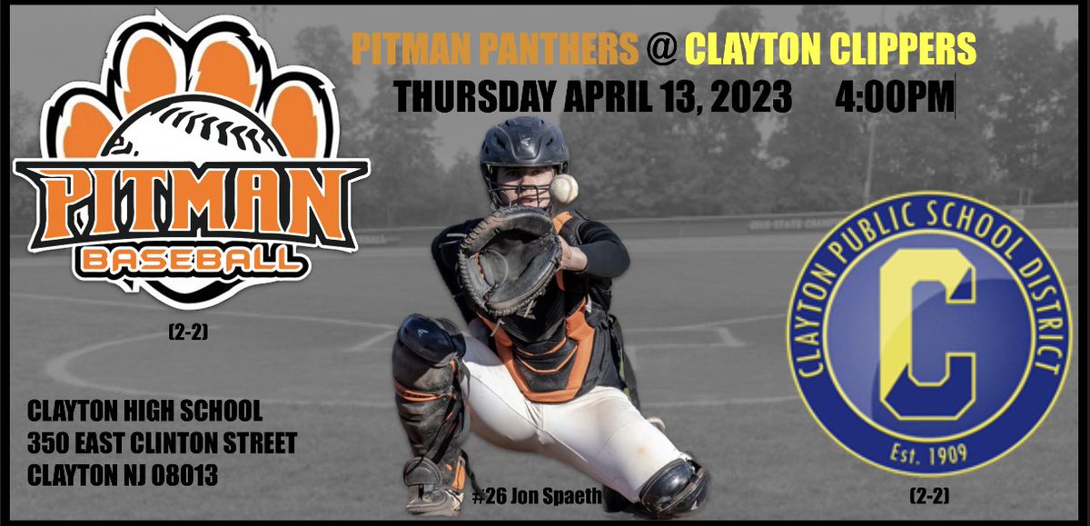 CoachHopely's tweet photo. The Pitman Panthers will travel to Clayton to battle the Clippers in TriCounty Classic Division Matchup. 4:00PM Kickoff! @PHSBaseballNow @PitmanAthletics @pitmanschools #PitmanPantherPride #ClockIn https://t.co/drqBNJRkk5