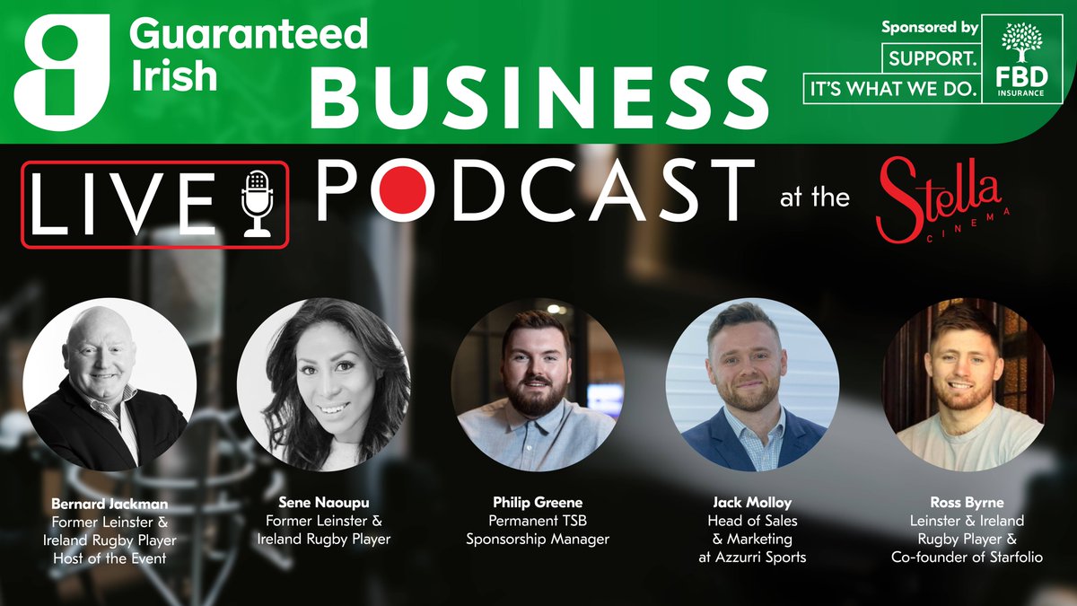 guaranteed_irl's tweet photo. EXCITING NEWS! Our very 1st Live #GIBusinessPodcast Event is in the Stella Theatre in Ranelagh next Thu 20th Apr!

The Business of Sport, hosted by @bernardjackman, featuring @Ross__Byrne, @SeneNaoupu, Jack Molloy (@azzurrisport) &amp; Philip Greene (@permanenttsb)
#podcast #GIevents https://t.co/NhC8nI3yXl