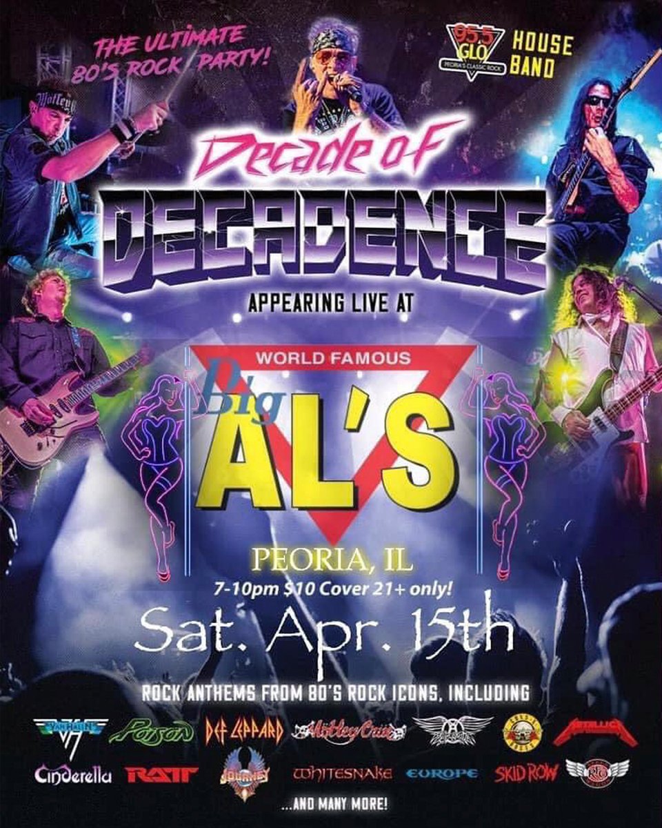 Catch Peoria's FAVORITE Classic Rock Band, Decade of Decadence, LIVE at Big Al's. 7pm-10pm, $10 cover!
.
.
.
#classicrock #livemusic #peoriaevents #rockmusic #rockandroll #midwestmusic #bars #decadeofdecadence #rock #party #bigals #peoriaIL #speakeasy #nightclub #peorianightlife