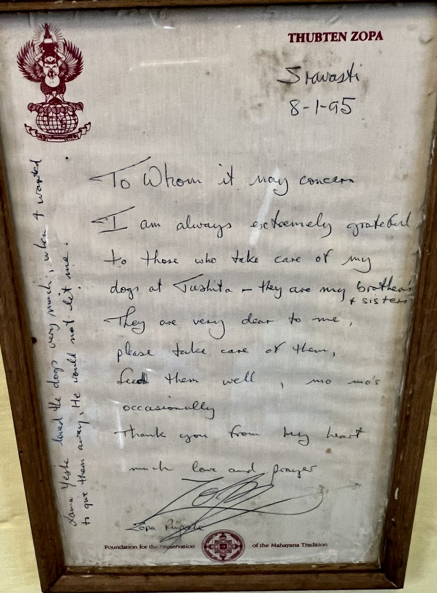 bobbydevito's tweet photo. Lama Zopa Rinpoche had such a great quality about him. He was tireless in teaching, but I will always love him for how much he loved animals and all sentient beings. Like this letter he left at Tushita to remind them to give treats to the Tushita puppies. #lamazopa @FPMTInc https://t.co/f2Xkey5XDy