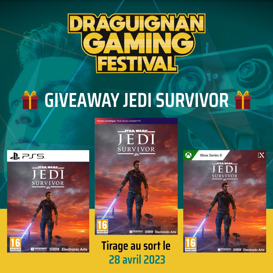 DraguignanGame's tweet photo. 🎁 #Giveaway 🎁

#StarWarsJediSurvivor à gagner sur ta plateforme !

1️⃣ Follow @DraguignanGame 
2️⃣ RT &amp; Like
3️⃣ Dis-nous quel est ton film star wars préféré
4️⃣ Tag 2 amis

📅 T.A.S le 28 avril

👉 Tente aussi ta chance du FB et Instagram

#DGF #Gaming #Draguignan #Concours https://t.co/11M0imjiyg