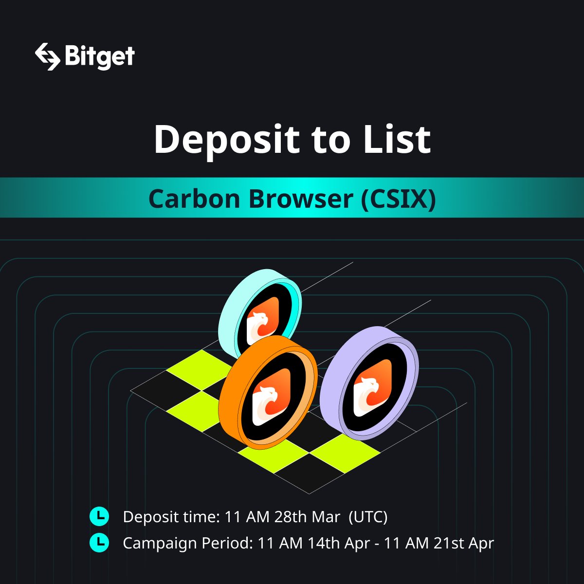bitget's tweet photo. #Bitget Deposit to List #CarbonBrowserxBitget #CSIXxBitget @trycarbonio
#Bitget 2nd round of $CSIX will start at Apr 14th, 11 AM (UTC).
Get a chance to grab $25,000 worth of CSIX Prize Pool!
✅ $100 #giveaway for 10 members:
RT + @ 3 Friends!
Details - https://t.co/9ZOiqt4Y7C https://t.co/rmUTiLWSIu