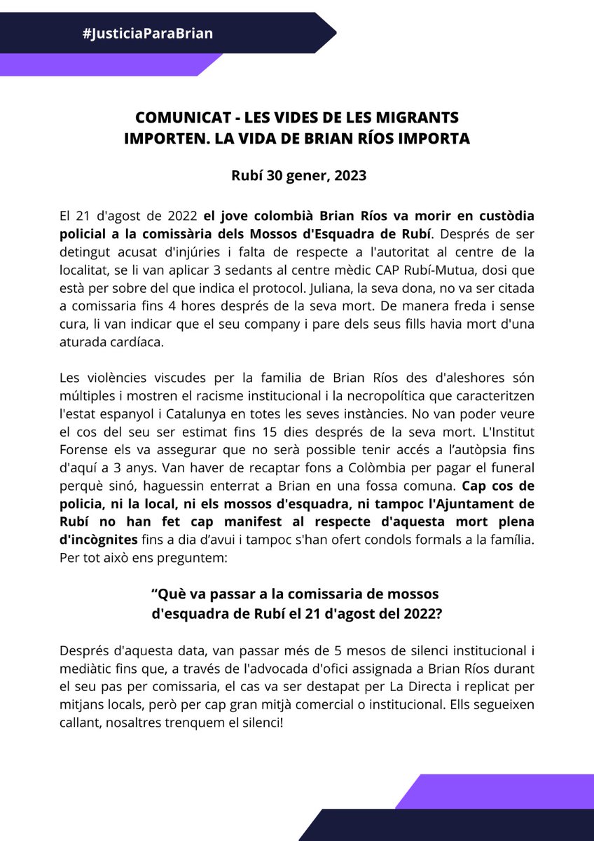 JusticiaBrian's tweet photo. 📢 COMUNICAT JUSTICIA PER BRIAN - 13 ABRIL 2023

En el marc de la mort sota custòdia policial el 21 d'agost de 2022 del ciutadà colombià Brian Rios, a la comissaria de Mossos d'Esquadra de Rubí, el dia d'ahir, 12 d'abril de 2023, el tall informatiu que el TN de @tv3cat  🧵⬇️ https://t.co/VUBTcaXs9T