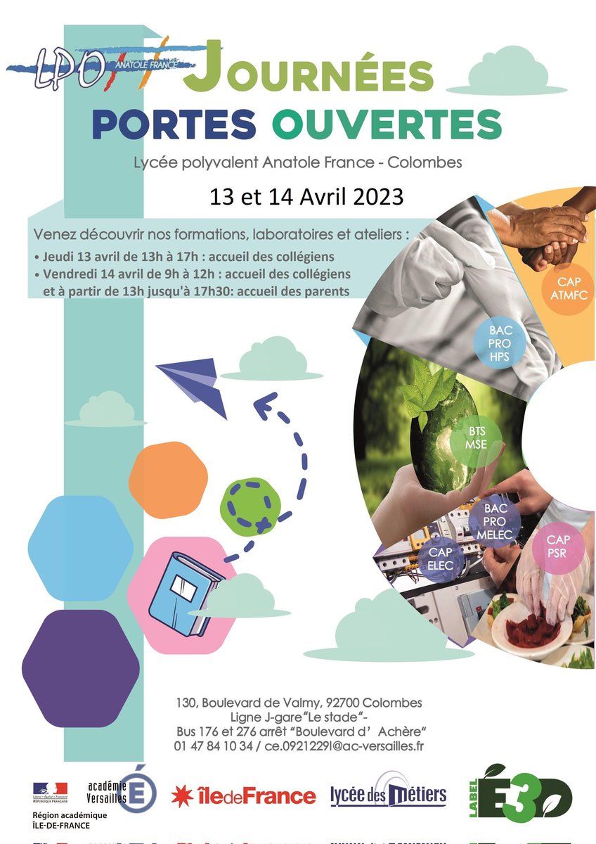 LPAnatoleFrance's tweet photo. Les journées portes ouvertes du lycée démarrent ! Accueil des collèges cet après-midi, soirée pour nos partenaires professionnels autour d'un buffet préparé par nos élèves et demain accueil des collèges et des familles
#JPO @acversailles @VilleColombes https://t.co/nsewqRbMSL