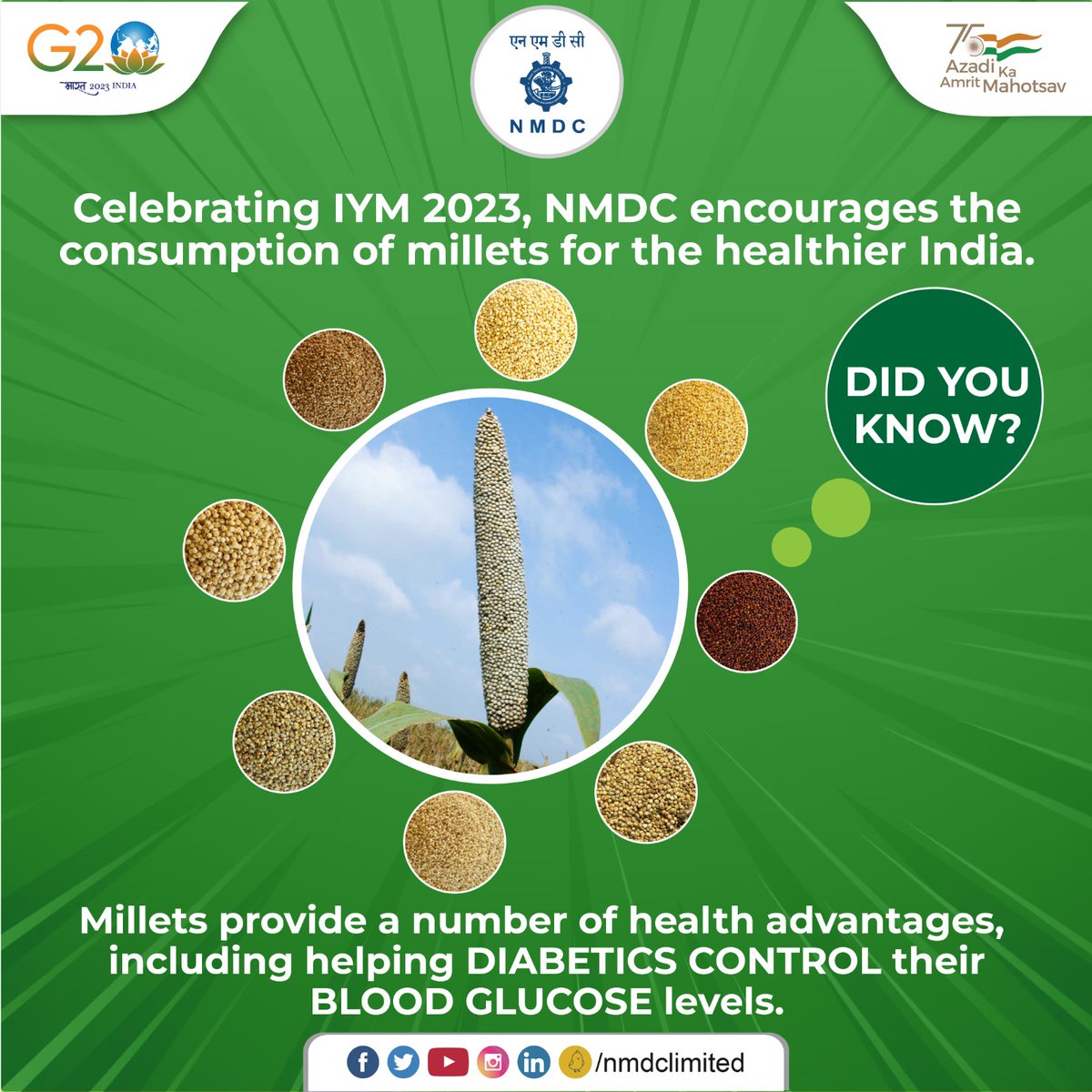 According to recent studies, ragi and other millets are a good option for diabetics since they include more fiber, minerals, and amino acids than white rice while also balancing blood sugar and cholesterol levels.

#NMDC #Milletfacts #InternationalYearOfMillets