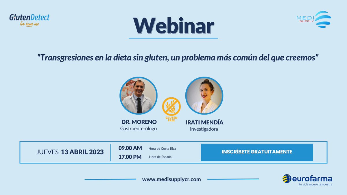 ⚠️¡Importante cambio de hora para el webinar "Transgresiones en la dieta sin gluten, un problema más común de lo que creemos"! ⚠️

La hora del webinar en España se mantiene a las 17.00 PM, pero en Costa Rica ha cambiado a las 09.00 AM. 
 
#Webinar #CambioDeHora #DietaSinGluten