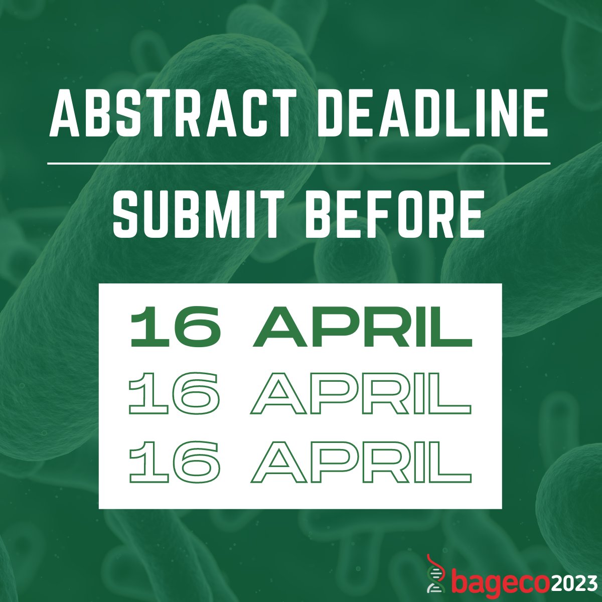Bageco 2023 (@bageco2023) on Twitter photo Only 3 days left to submit your abstract for #bageco2023! β°
Don't miss out on sharing your research at the leading European conference in Bacterial genetics and ecology π§ͺπ§βπ¬πΏ
Submit abstract or sign up here:
bageco2023.org
#science #sustainability #ecology #genetics Only 3 days left to submit your abstract for #bageco2023! β°
Don't miss out on sharing your research at the leading European conference in Bacterial genetics and ecology π§ͺπ§βπ¬πΏ
Submit abstract or sign up here:
bageco2023.org
#science #sustainability #ecology #genetics