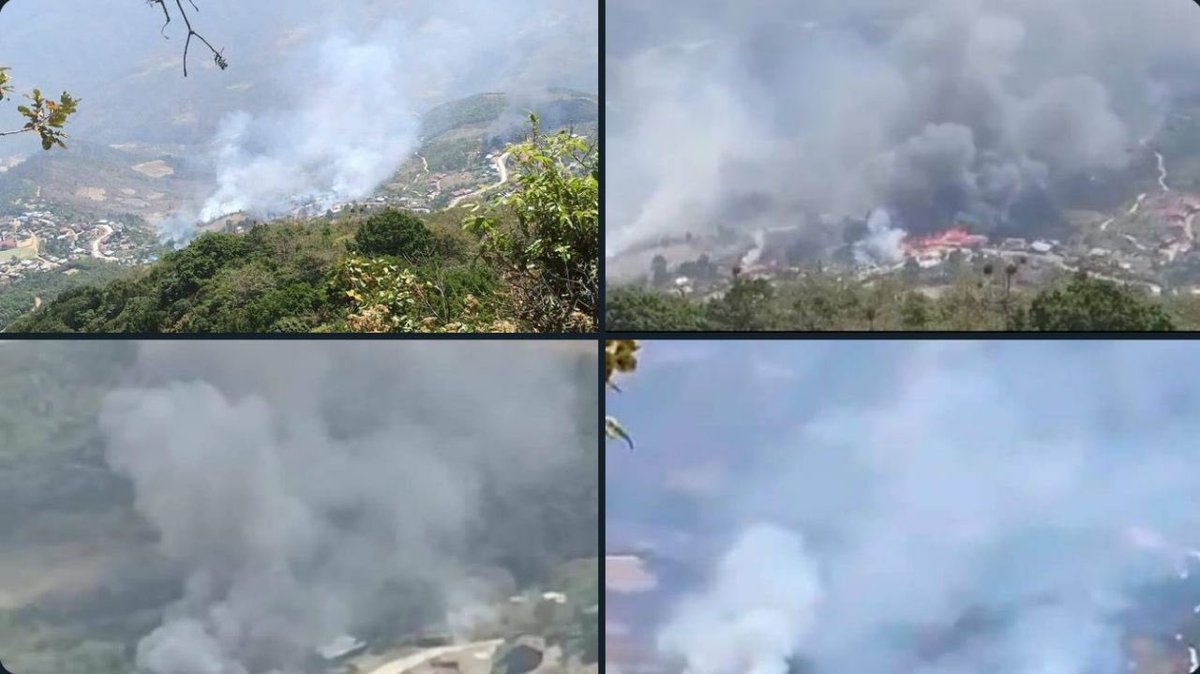 katycho22222's tweet photo. Around 20 houses in Chuncung village, 17 miles away from #Hakha city, were burned down by Myanmar junta troops on April 11. A junta fighter jet also carried out two separate airtrikes near #Chuncung village on April 12 &amp; 13. #2023Apr13Coup #WhatsHappeningInMyanmar https://t.co/nGoiKlaemS