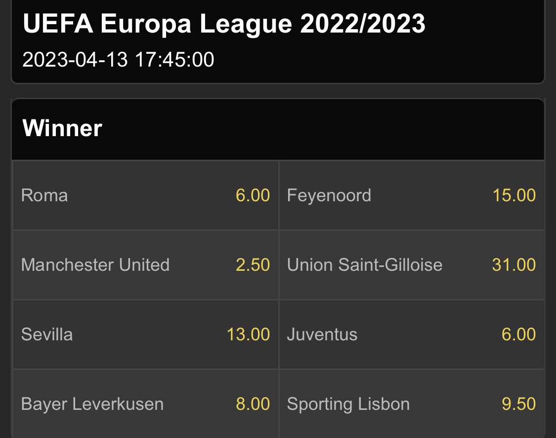 NaijaBet's tweet image. 📲 Latest Europa League Outright Market:

Europa League - Winner👇

Man United - 2/50
Roma - 6/00
Juventus - 6/00
Sporting - 9/50

📊The Odds are in your Favor.

 👉 Bet Now on our #EuropaLeague Winner Outright market 📌

Visit➡ NaijaBet.com

#NaijaBet #OUTRIGHT