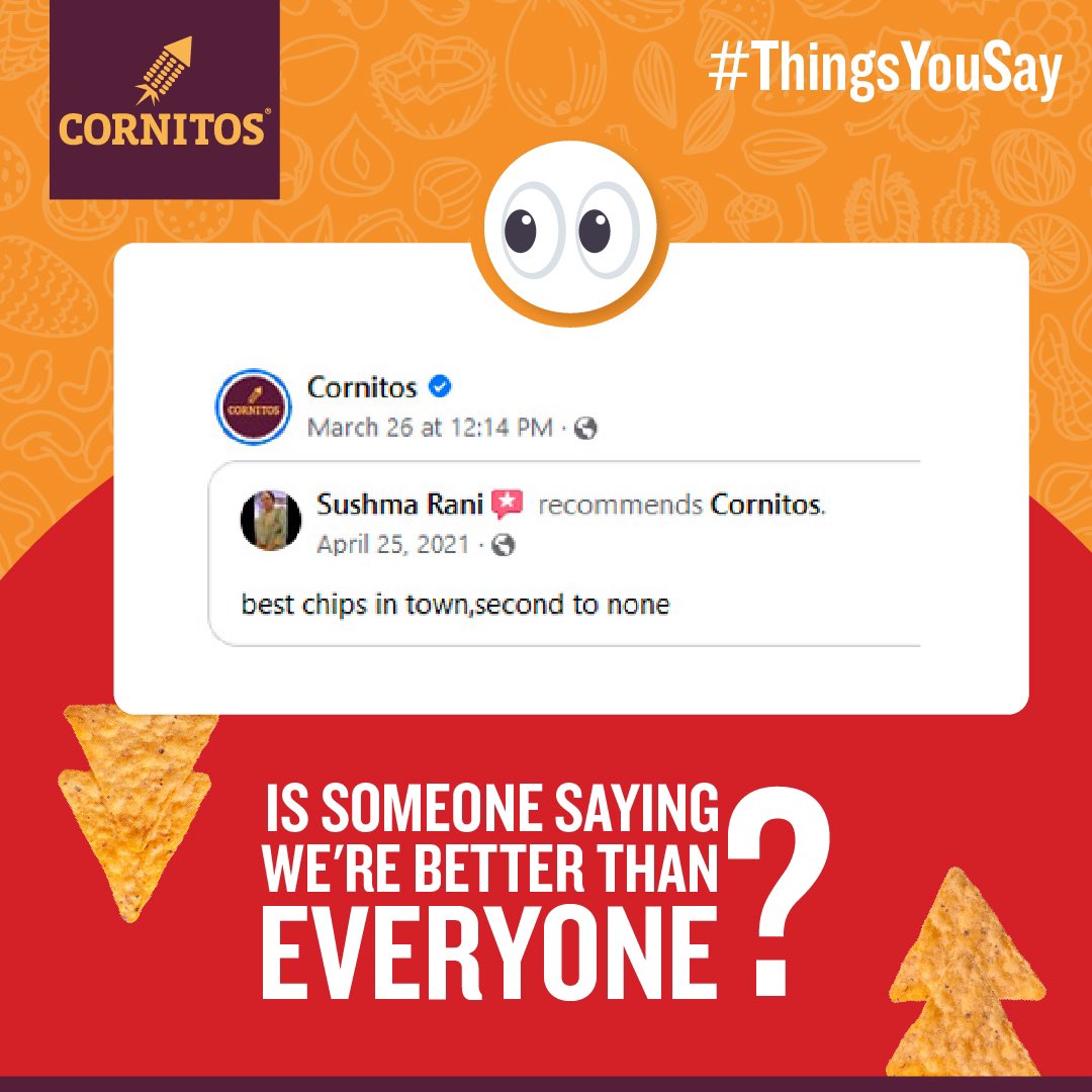 cornitos's tweet image. Oh the #ThingsYouSay! 🤭

#Cornitos #ILoveCornitos #Snacking #Snacks #Foodie 
#LoveForCornitos #Review #productreview #nachoreviews #testimonials #Nachos #CheesyNachos #NachoAndSalsa