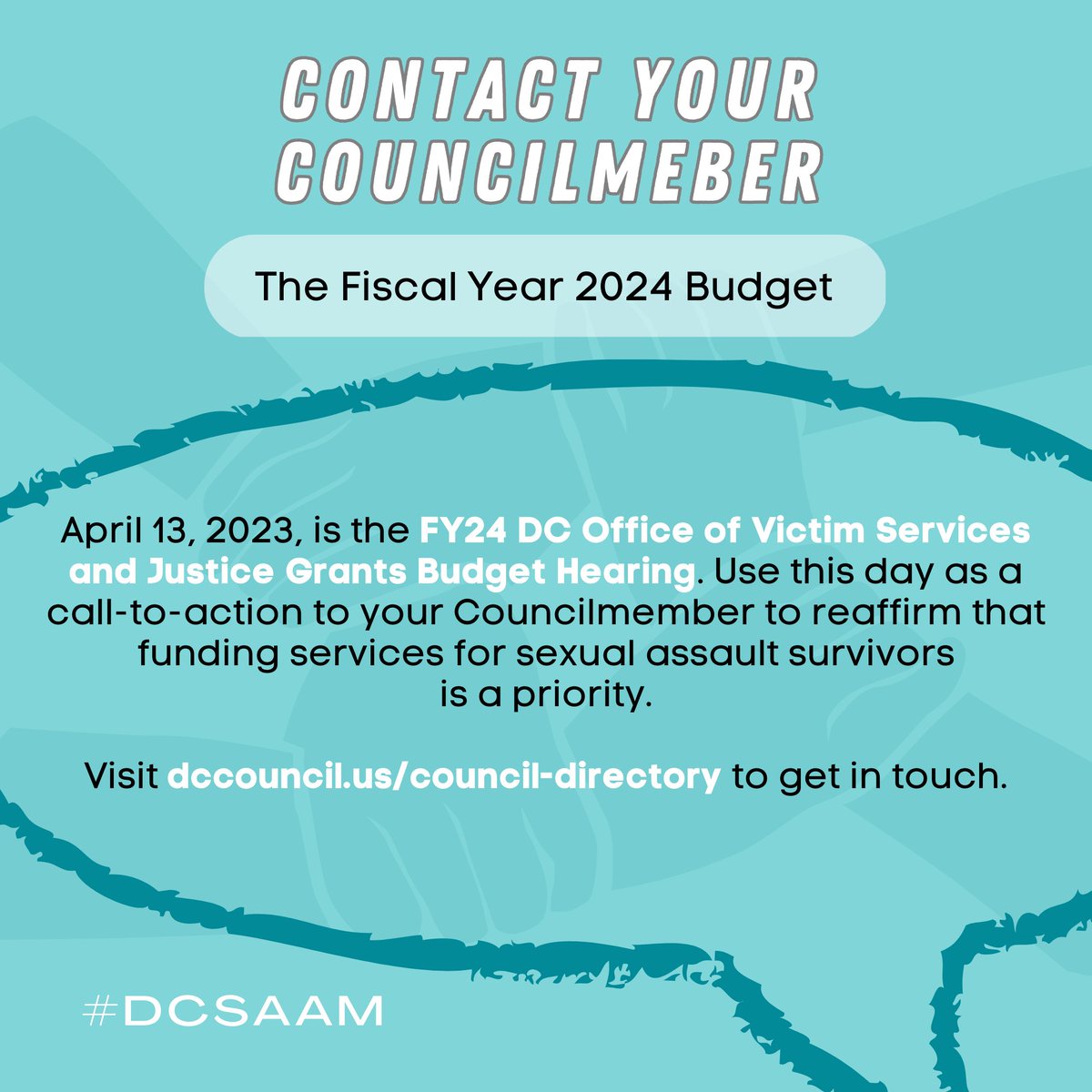 ☎️ Heads up: Today is the FY24 DC Office of Victim Services and Justice Grants Budget Hearing.

As part of #DCSAAM, we've encouraged the DC community to contact the <a href="/councilofdc/">Council of DC</a> and use this day to reaffirm that funding the services sexual assault survivors need is a priority!