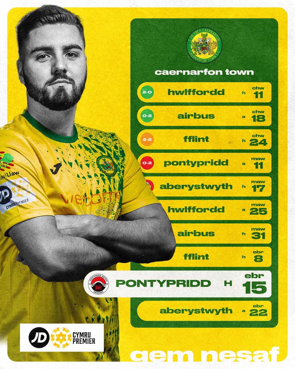 CaernarfonTown's tweet photo. ⚽️ | GÊM ADRA OLAF
⚪️ | @PontyUnitedM 
 
🏟 Yr Oval
📆 15/04/2023
🕠 2:30yh
🏆 JD Cymru Premier

🟡 #UnClwb #CaernarfonTown 🟢 https://t.co/j805eiHvd8