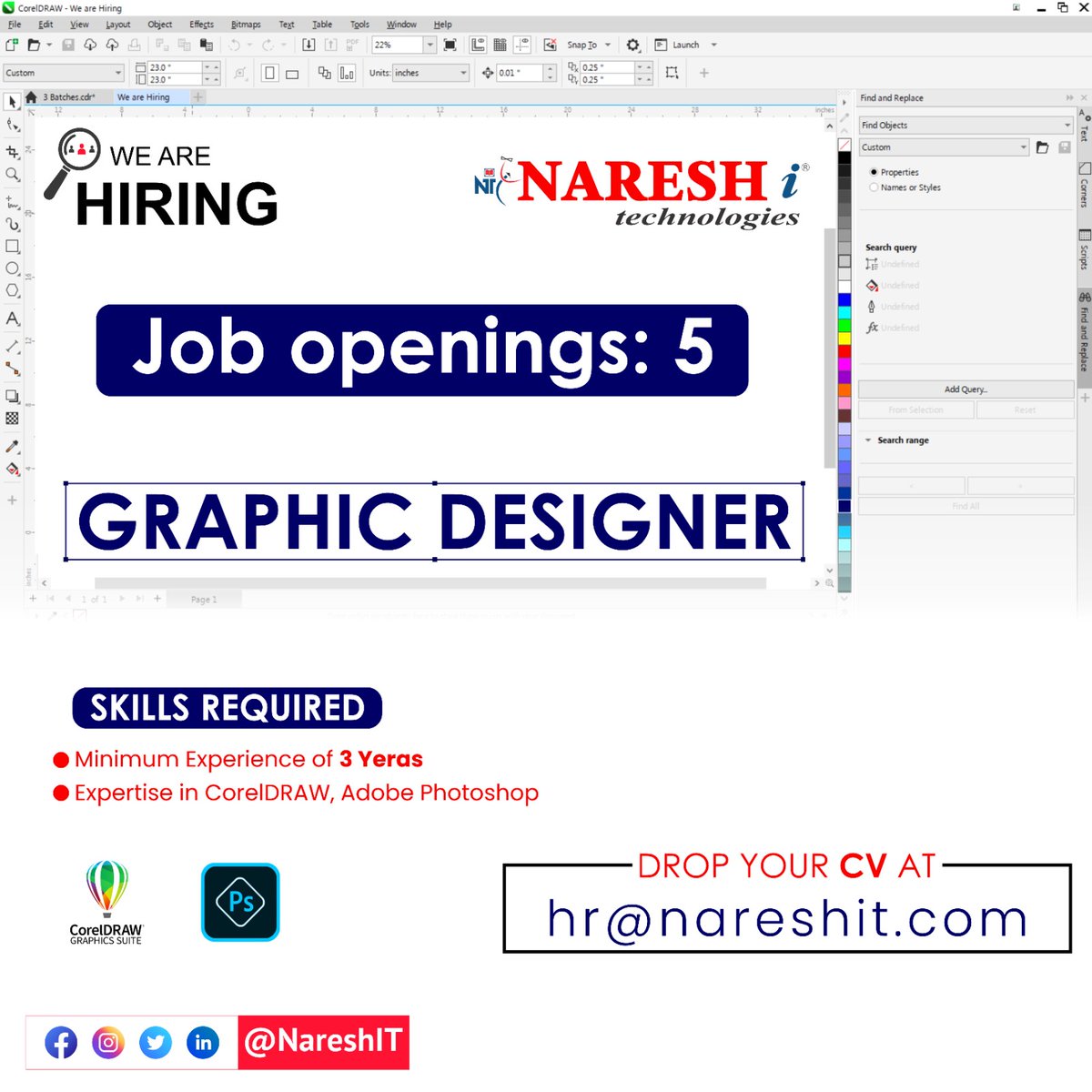 nareshitech's tweet photo. 👉We are Hiring!
Naresh I Technologies Openings for Graphic Designer.
Required Skills: Corel Draw &amp; Photoshop

Send in your resumes and portfolios at hr@nareshit.com

#graphicdesignerwanted #designjobopening #nowhiringgraphicdesigners #designjobs #hiringgraphicdesigner https://t.co/jOsfHNBbcr
