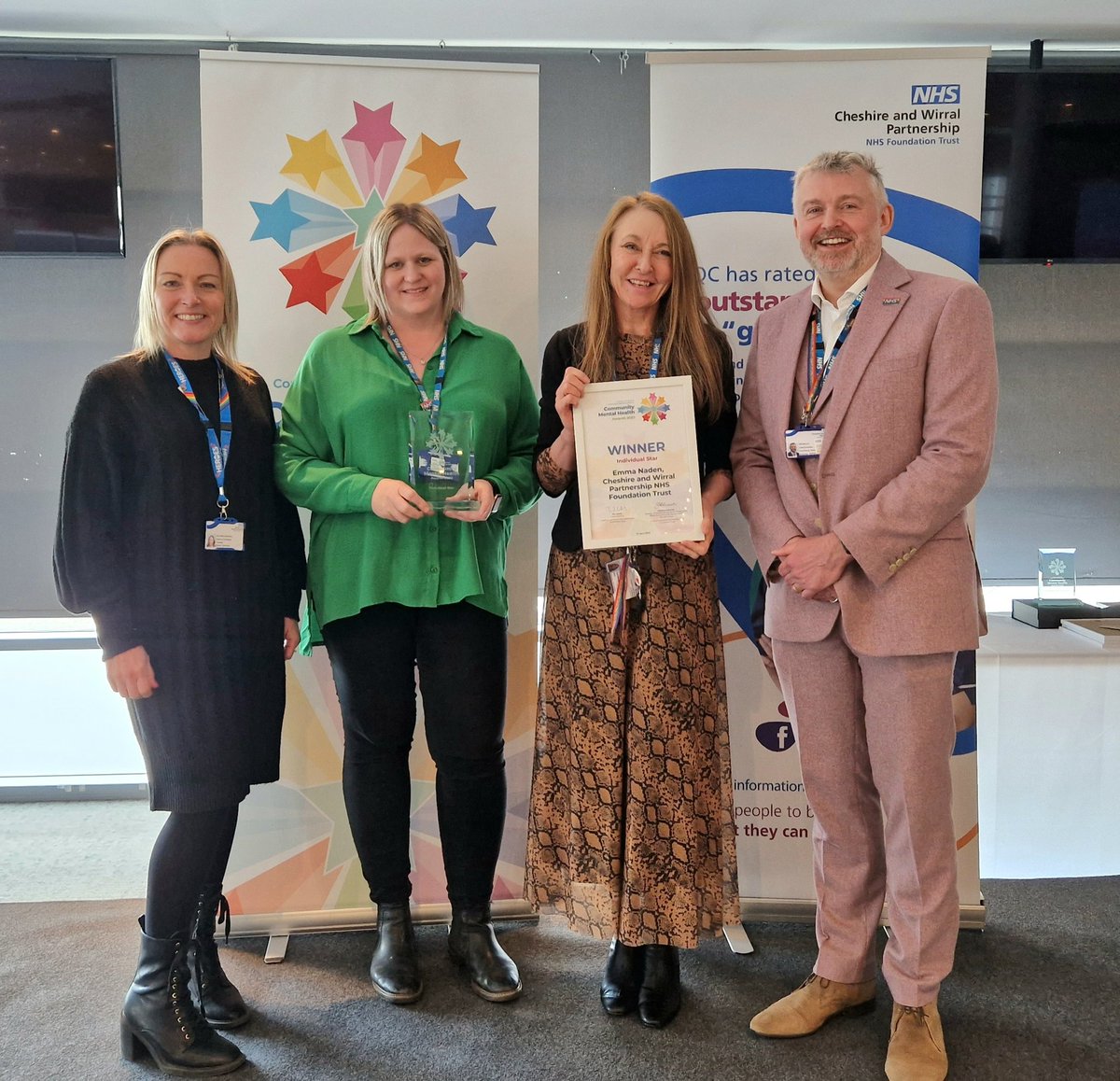 cwpnhs's tweet photo. We now move on to our Individual Star award. The winner is... CWP's Emma Naden! Highly commended is Gemma Edwards from the Wishing Well. Tracey Williamson and Lucie Twigg from @CWP_IRWC accepted on behalf of Emma  ⭐️⭐️👏👏 https://t.co/3lgKDoUSby