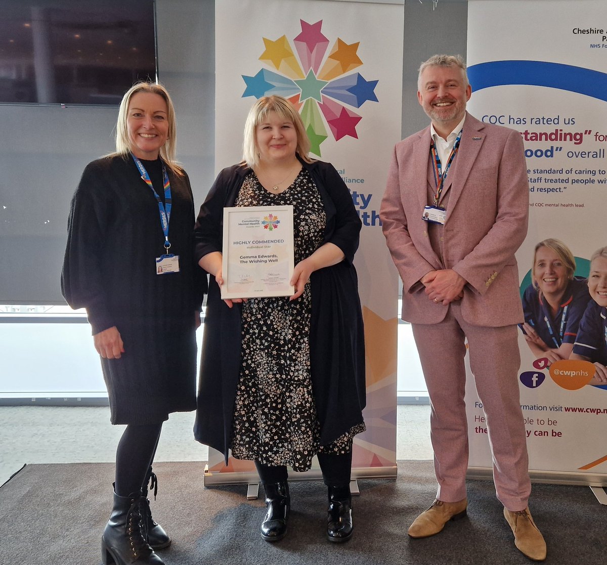 cwpnhs's tweet photo. We now move on to our Individual Star award. The winner is... CWP's Emma Naden! Highly commended is Gemma Edwards from the Wishing Well. Tracey Williamson and Lucie Twigg from @CWP_IRWC accepted on behalf of Emma  ⭐️⭐️👏👏 https://t.co/3lgKDoUSby