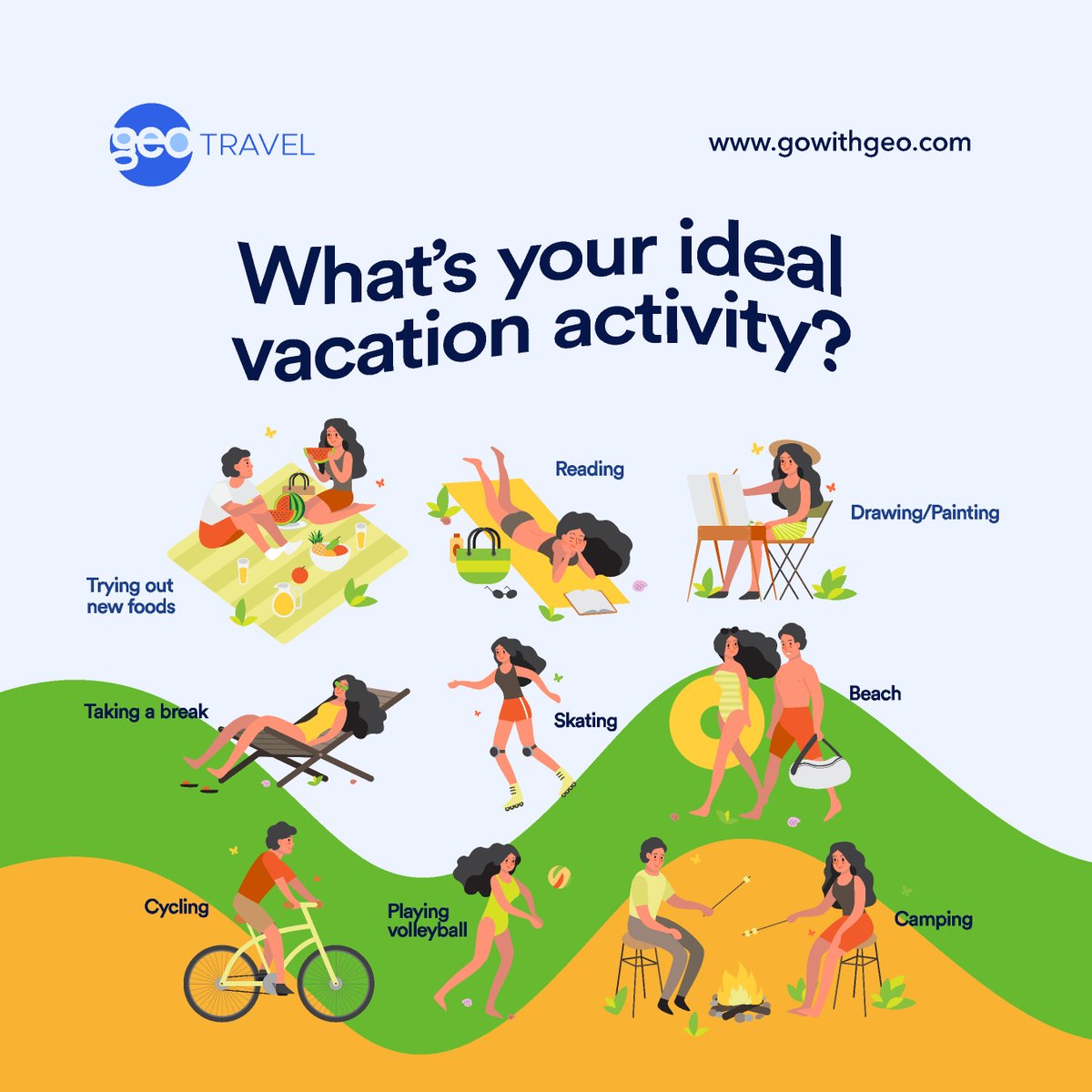 gowithgeo's tweet photo. To all travel enthusiasts!🌄
Which vacation activity suits your personality best? 🤔🌴
Let us know in the comment section.👇
#TravelChoices #geotravel #gowithgeo #VacationPlanning #QuietEscape #ReadingTime #TravelActivities #GeoTravelAdventures #VacationGoals https://t.co/OfAdaAvDE9