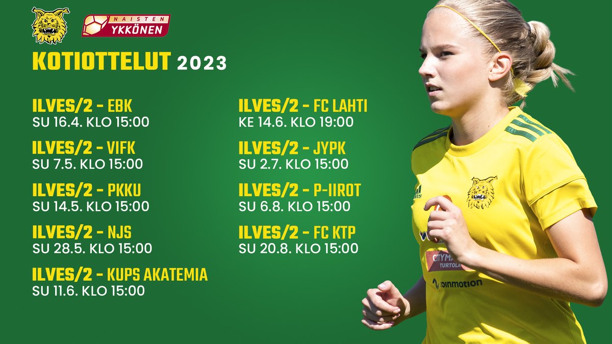 IlvesJuniorit's tweet photo. Ilves/2 avaa kautensa naisten Ykkösessä tulevana sunnuntaina, kun EBK saapuu vierailulle Kaupin urheilupuistoon 🟡🟢

Ota kaikki kakkosjoukkueen ottelut haltuun ja tule kannustamaan keltavihreitä Kauppiin ☺️👏

#keltavihreä #ilves #ilves2 #tampere #ykkönen https://t.co/5VvWj23mqo
