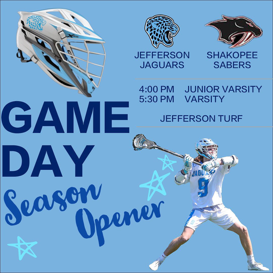 🚨SEASON OPENER vs <a href="/ShakopeeBlax/">Shakopee Boys Lacrosse</a> 🚨 
🐆 HOME GAME 🐆 
⏰ - Boy’s Varsity: 530pm JV 4pm
📍 - Jefferson HS Turf