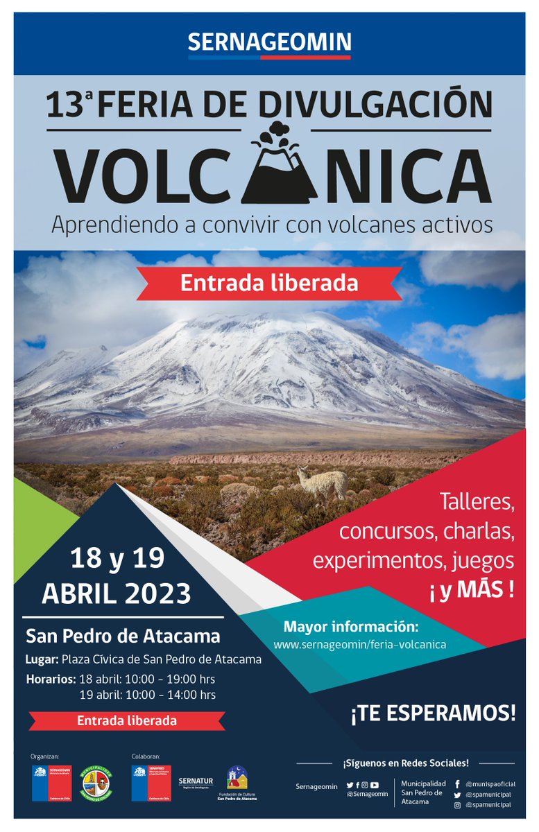 sernageomincl's tweet photo. FERIA DE VOLCANES🌋: falta muy poco para la 13a versión de la Feria de Divulgación Volcánica de @Sernageomin , esta vez desde la Plaza Cívica de #SanPedrodeAtacama. La cita es el 18 y 19 de abril y la entrada es liberada.
Más info en : https://t.co/2sWkjytgbb https://t.co/RjsFuT03iu