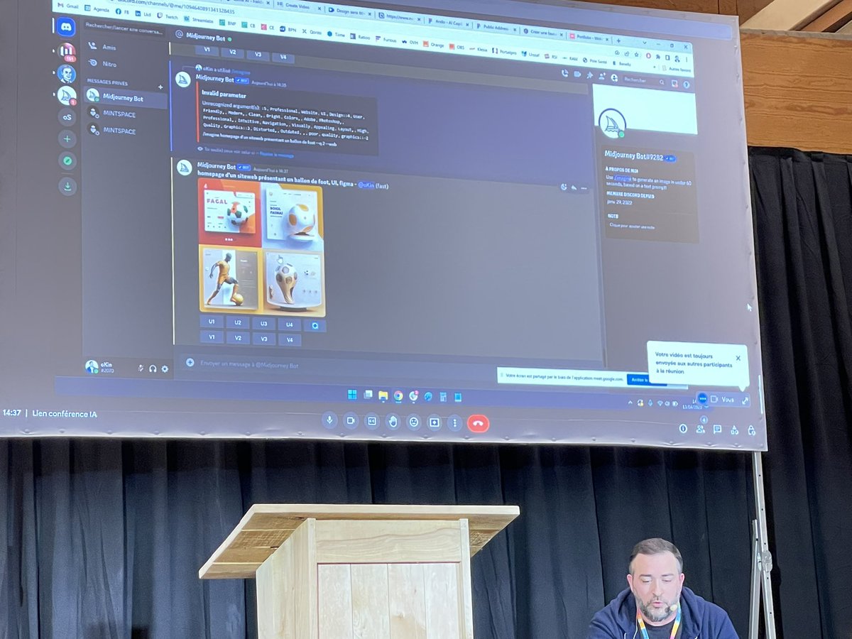 camillejourdain's tweet photo. Comment créer des visuels avec @midjourney ?
Par exemple pour une page d’accueil de site web avec un ballon de foot. 
Démo en live via un bot sur Discord lors de cette conférence. 
Un résultat assez bluffant. 👍
@NicolasQuilliet @comenorday 
#CEOD #IA https://t.co/VTwTMZUyGo